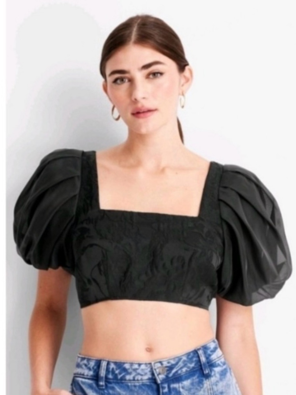 Future Collective Kahlana Barfield Brown Black Jacquard Puff Sleeve Crop Top 2
